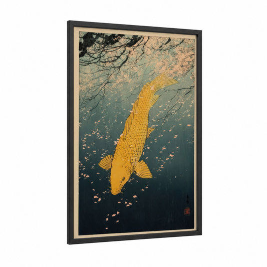 Golden Dragon Fish framed art print — black wood frame — gold and teal palette