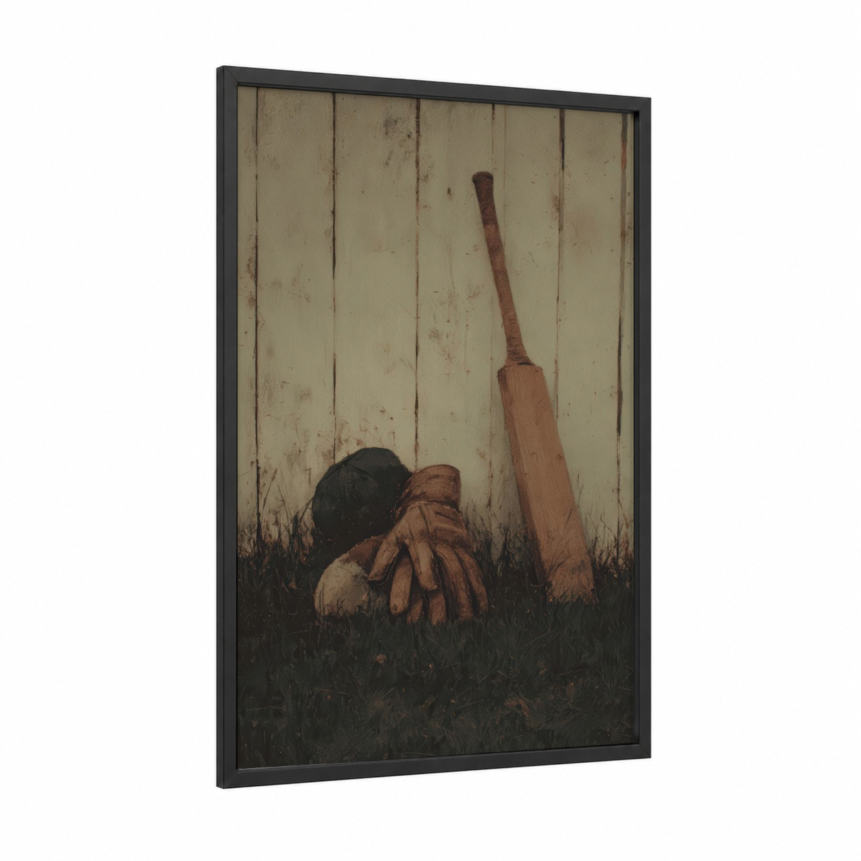 Vintage Cricket Gear framed art print — black wood frame — brown and black and white palette