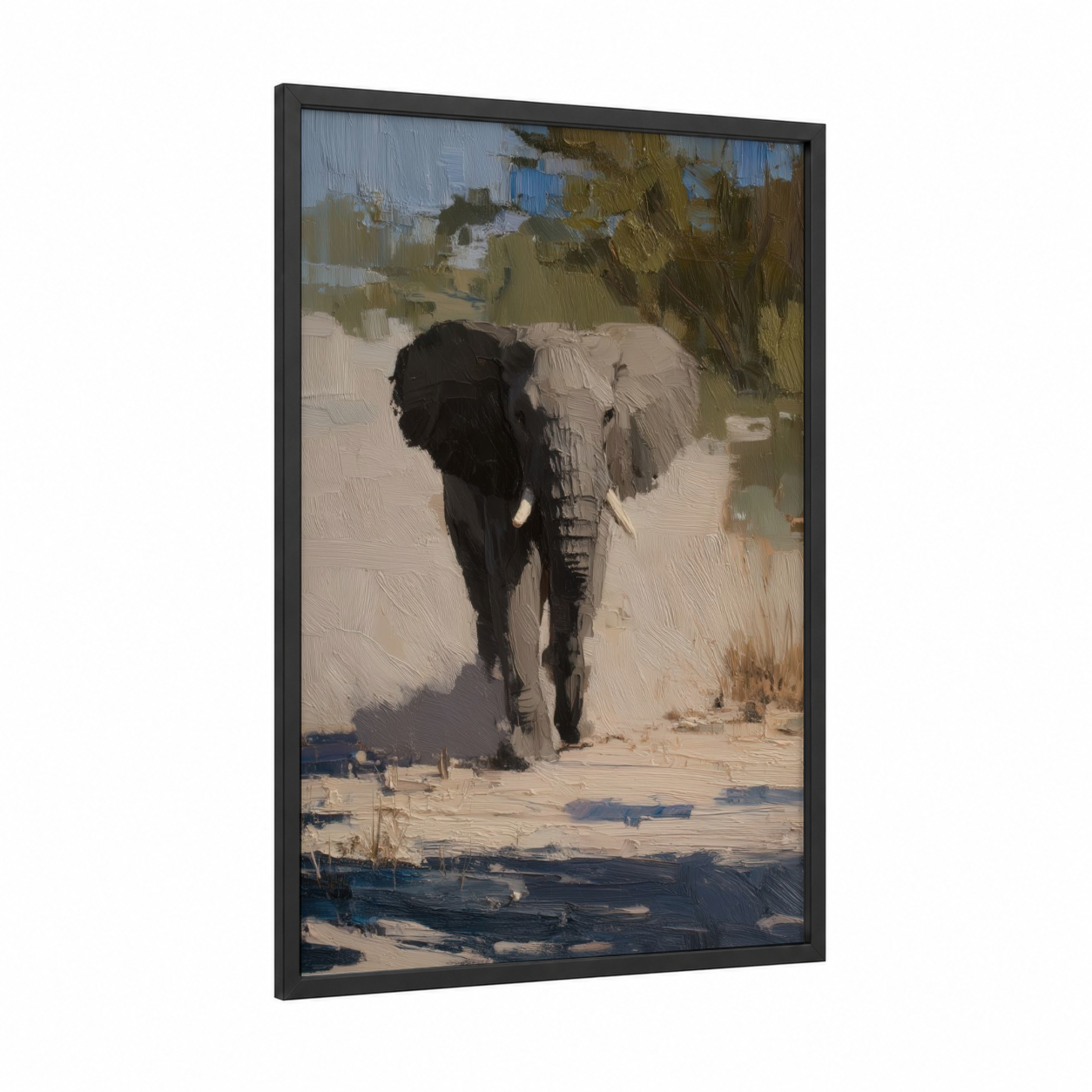 Striding Savanna Elephant framed art print — black wood frame — gold and blue and yellow palette