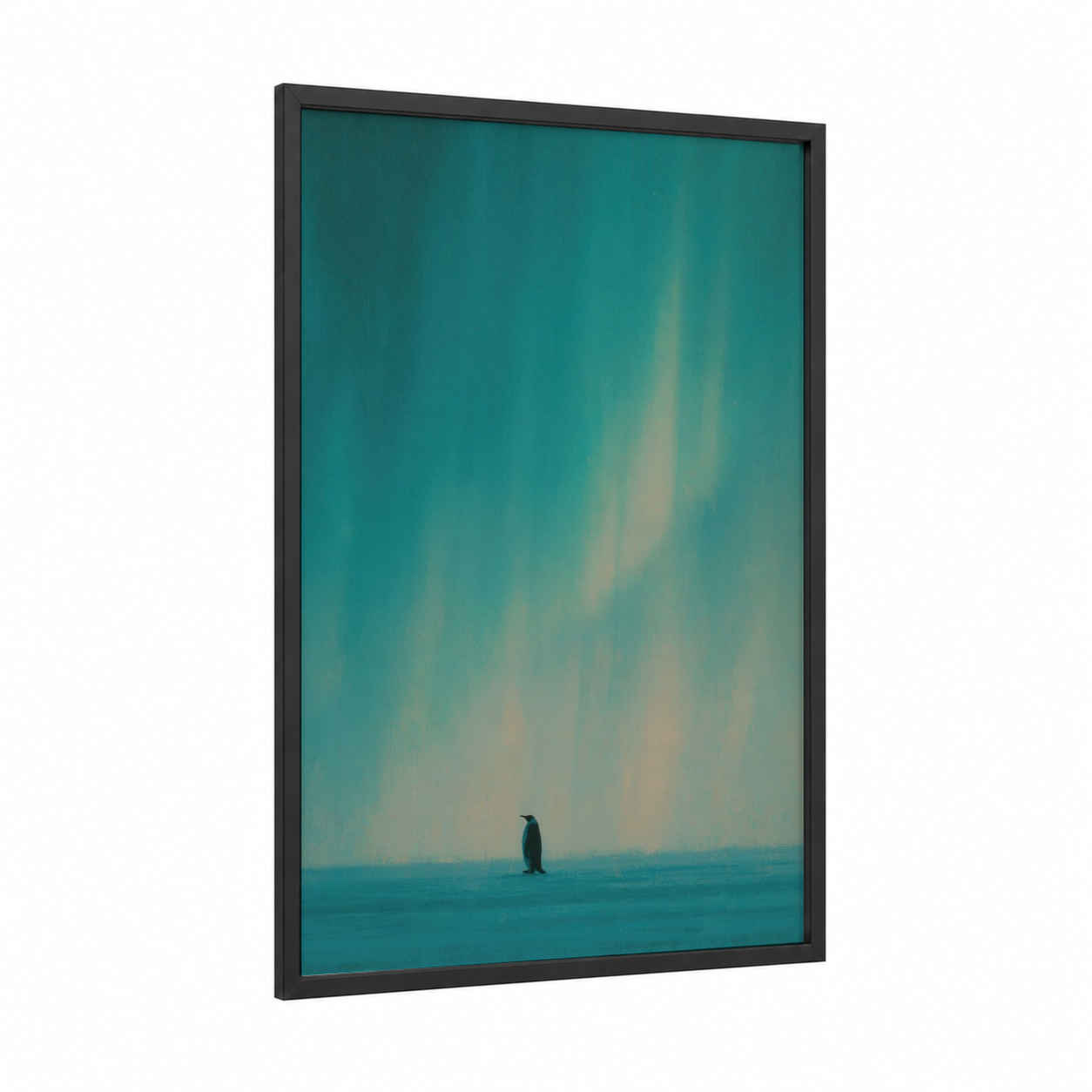 Solitary Penguin framed art print — black wood frame — teal and cream palette