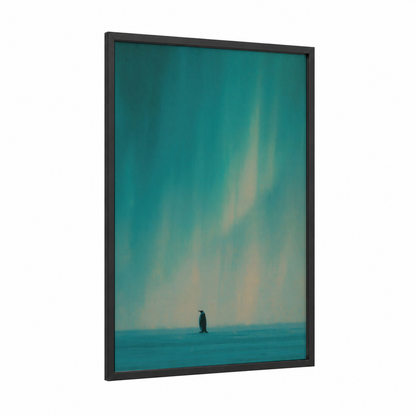 Solitary Penguin framed art print — black wood frame — teal and cream palette