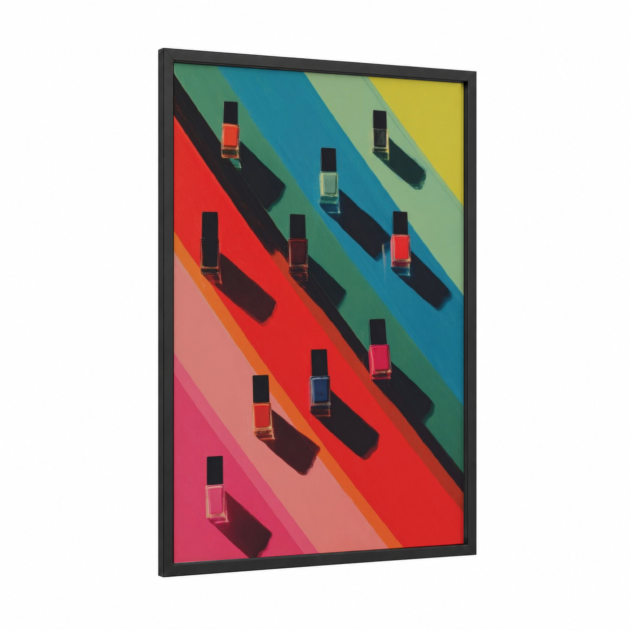 Rainbow Nail Gradient framed make up print — black wood frame — magenta and yellow palette