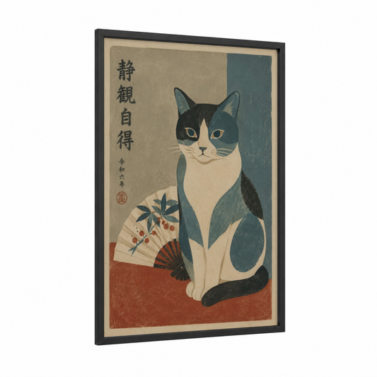 Japanese Tuxedo Cat Wall Art framed art print — black wood frame — teal and beige palette