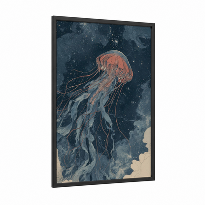 Cosmic Jellyfish framed art print — black wood frame — dark blue and salmon pink palette