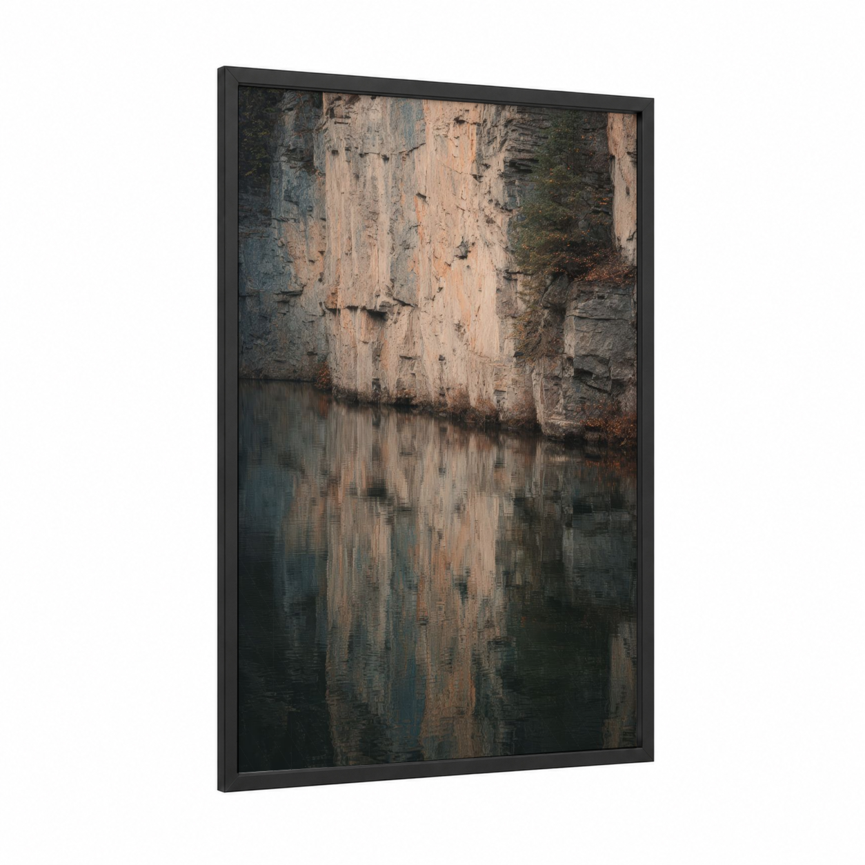 Mirrored Canyon framed art print — black wood frame — beige and dove gray palette