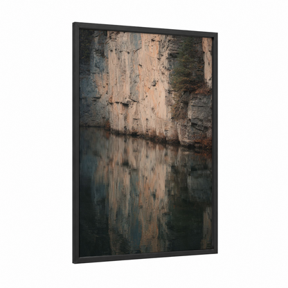 Mirrored Canyon framed art print — black wood frame — beige and dove gray palette