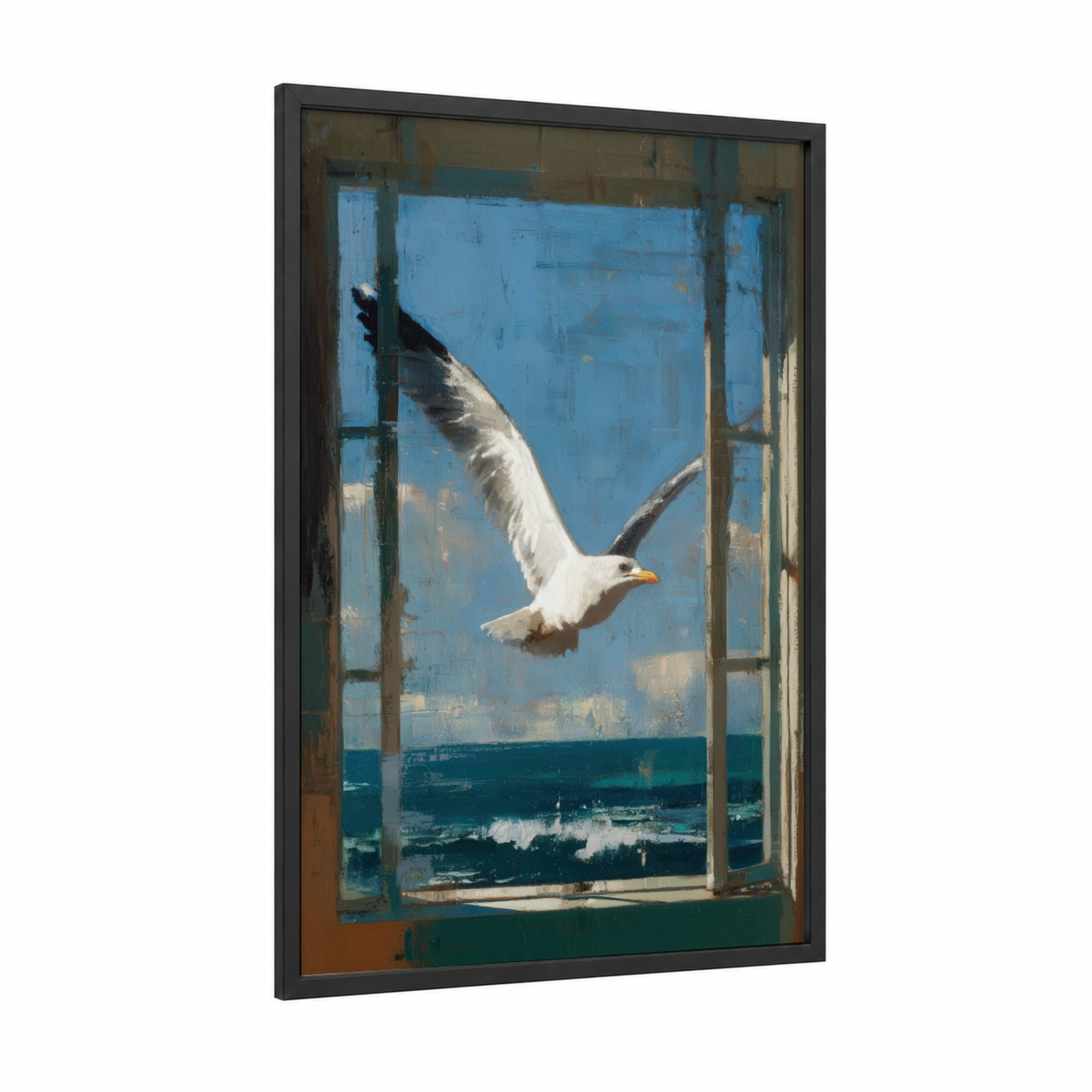 Coastal Seagull Flight framed art print — black wood frame — blue and white palette