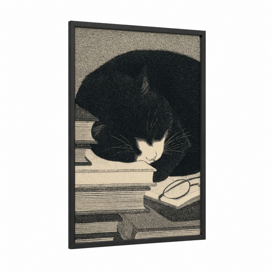 Reading Kitten framed art print — black wood frame — black and white and cream palette