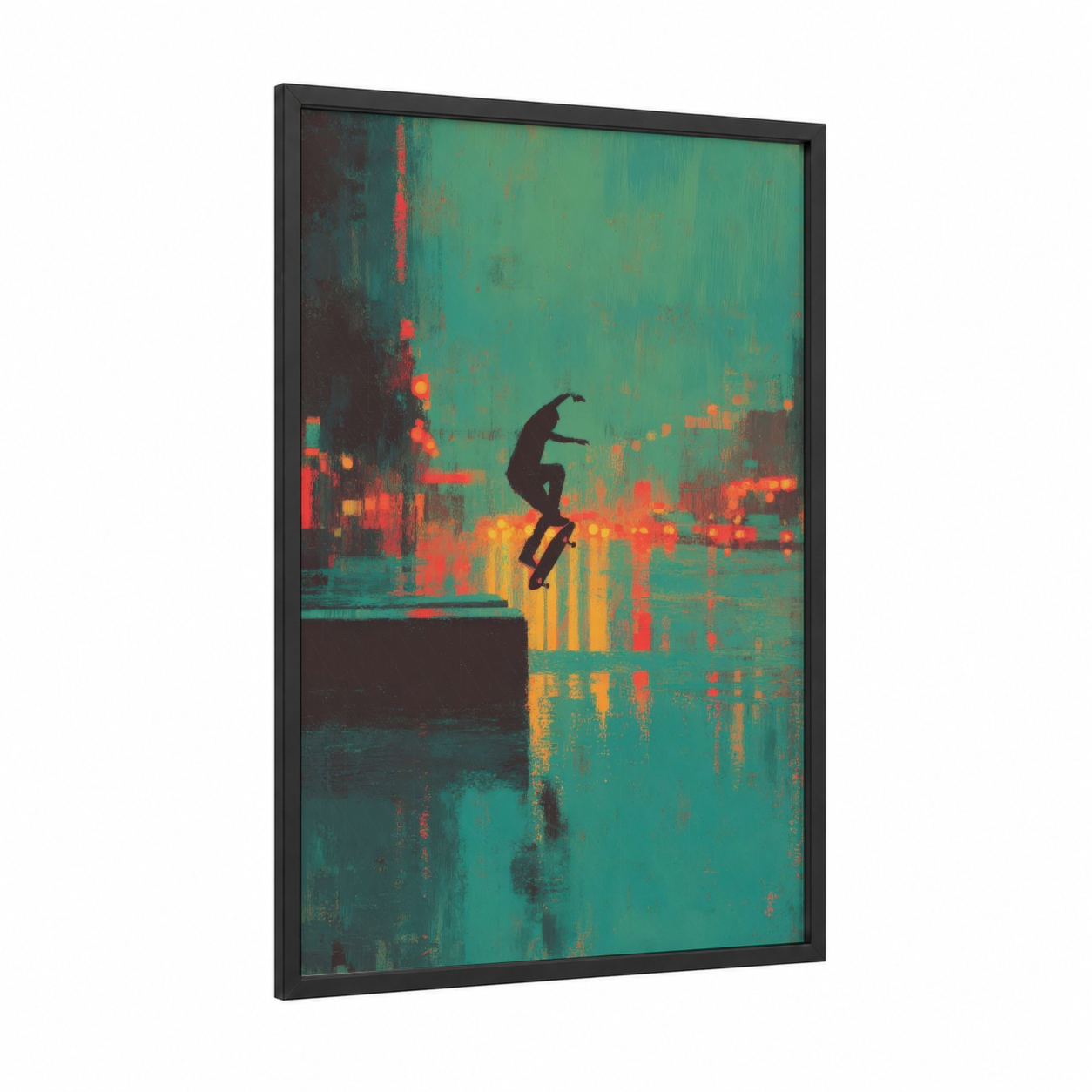 Urban Skateboarder framed skateboarding print — black wood frame — teal and orange palette