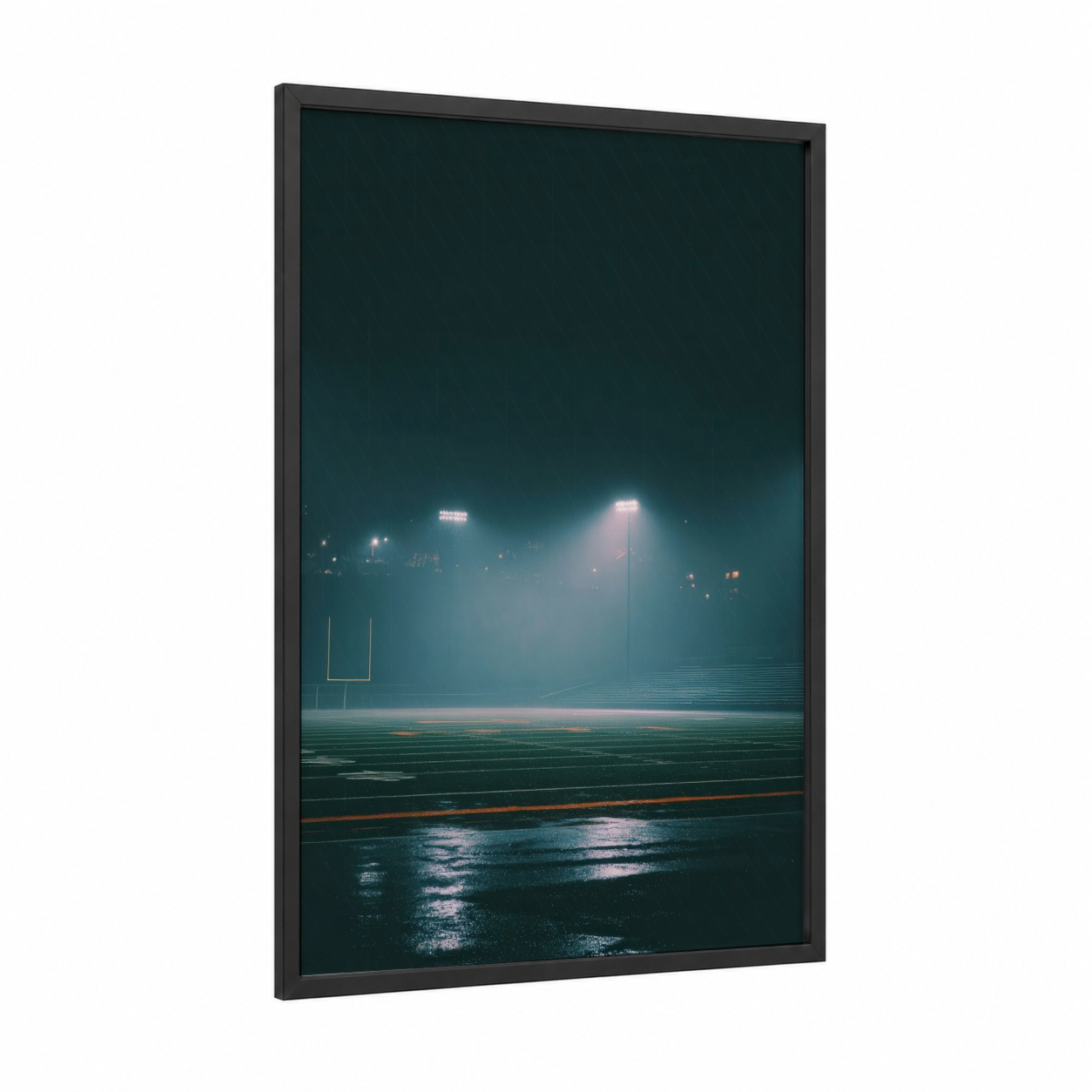 Foggy Stadium Night framed stadiums and fields print — black wood frame — blue and pink palette