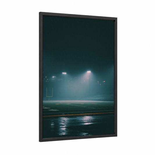 Foggy Stadium Night framed stadiums and fields print — black wood frame — blue and pink palette