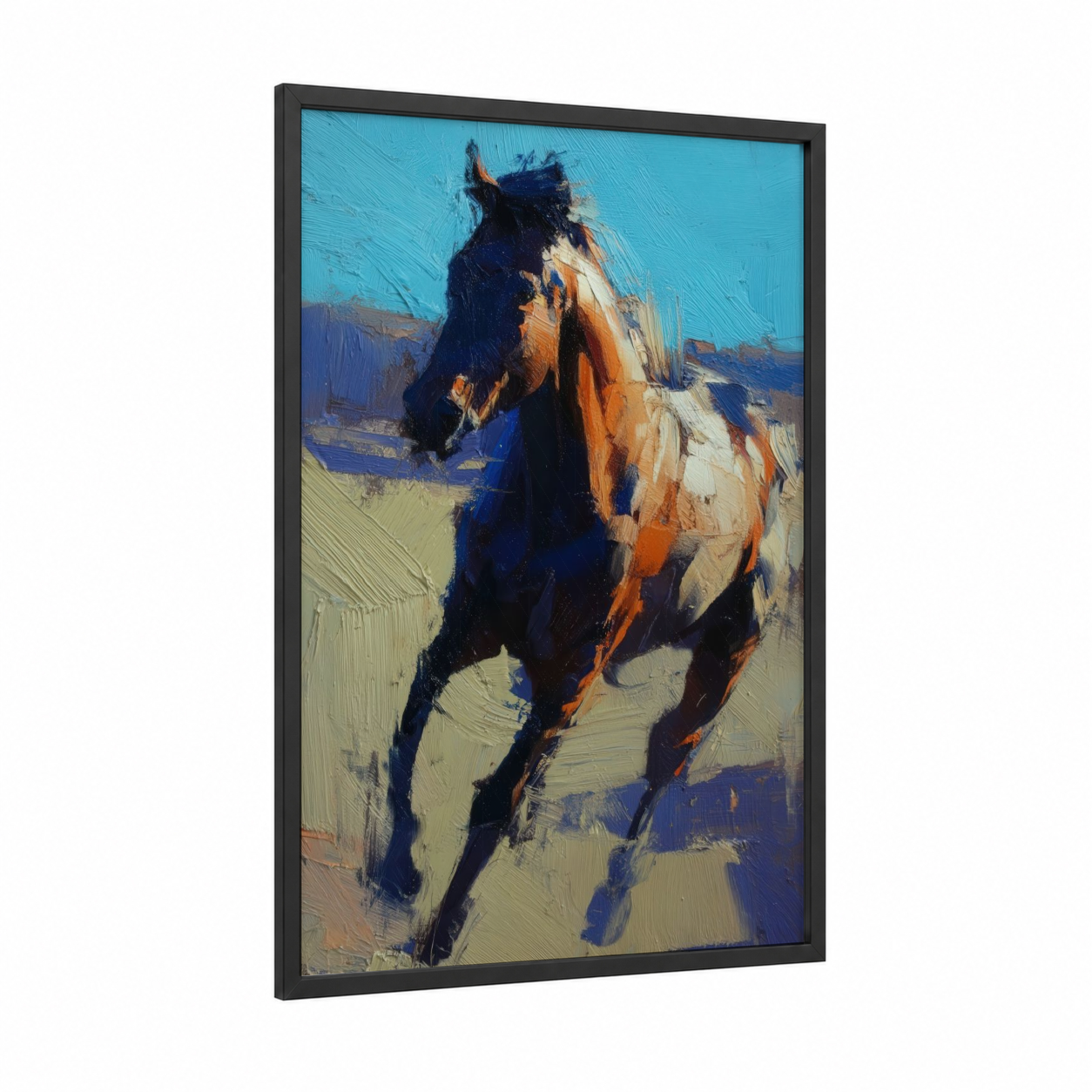 Galloping Thoroughbred framed thoroughbred horse print — black wood frame — blue and orange palette