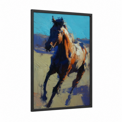 Galloping Thoroughbred framed thoroughbred horse print — black wood frame — blue and orange palette