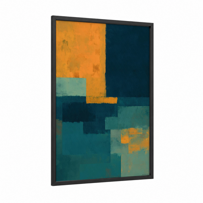 Golden Teal Geometry framed abstract geometric print — black wood frame — gold and teal palette