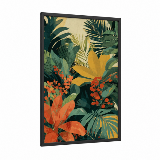 Tropical Jungle Garden framed palm forest print — black wood frame — dark green and gold palette