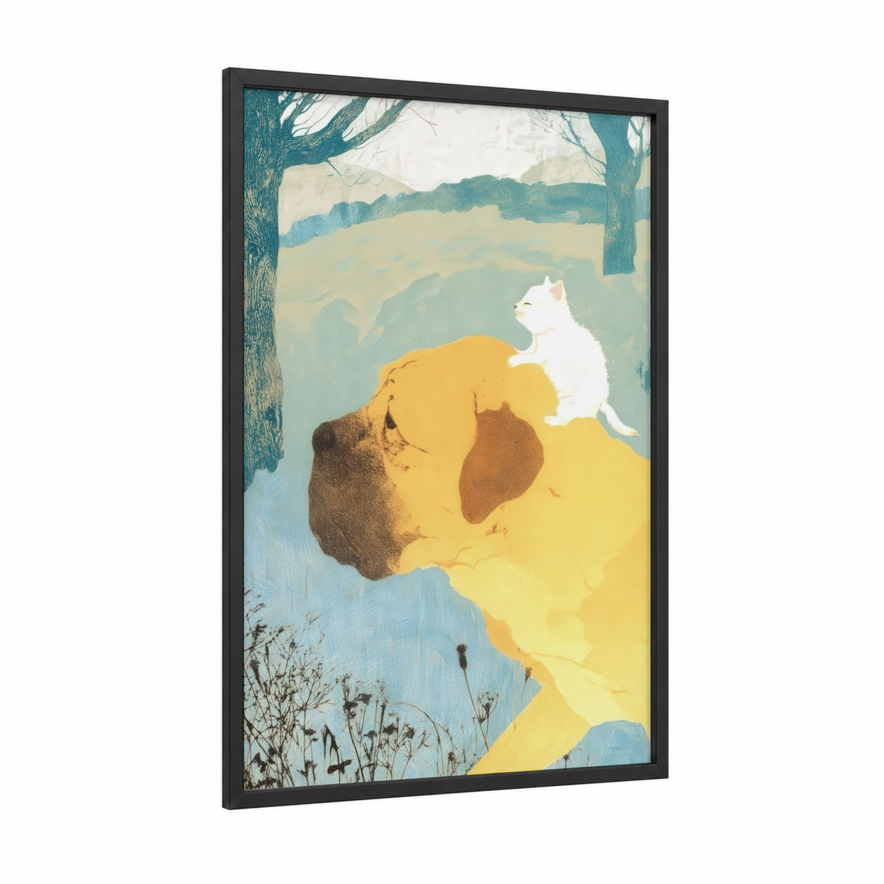 Gentle Mastiff framed art print — black wood frame — teal and gold palette