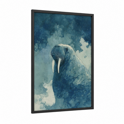 Arctic Walrus framed art print — black wood frame — blue and white palette