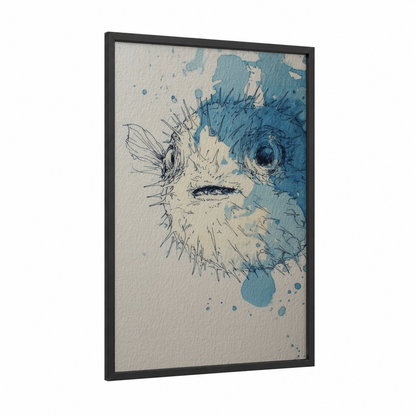 Curious Puffer Fish framed art print — black wood frame — blue and white palette