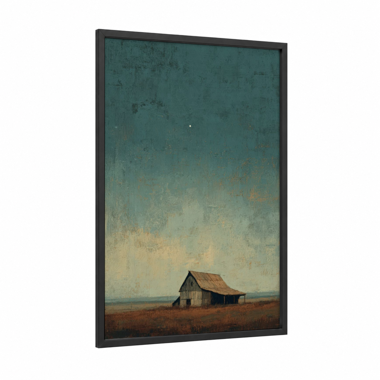 Solitary Homestead framed night sky print — black wood frame — teal and cream palette