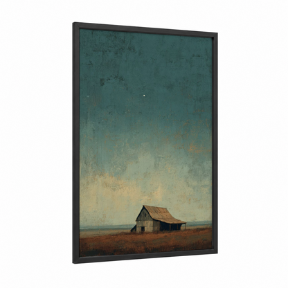 Solitary Homestead framed night sky print — black wood frame — teal and cream palette