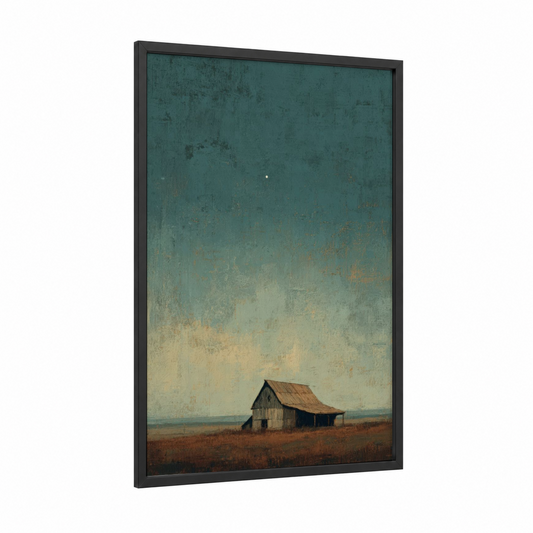 Solitary Homestead framed night sky print — black wood frame — teal and cream palette