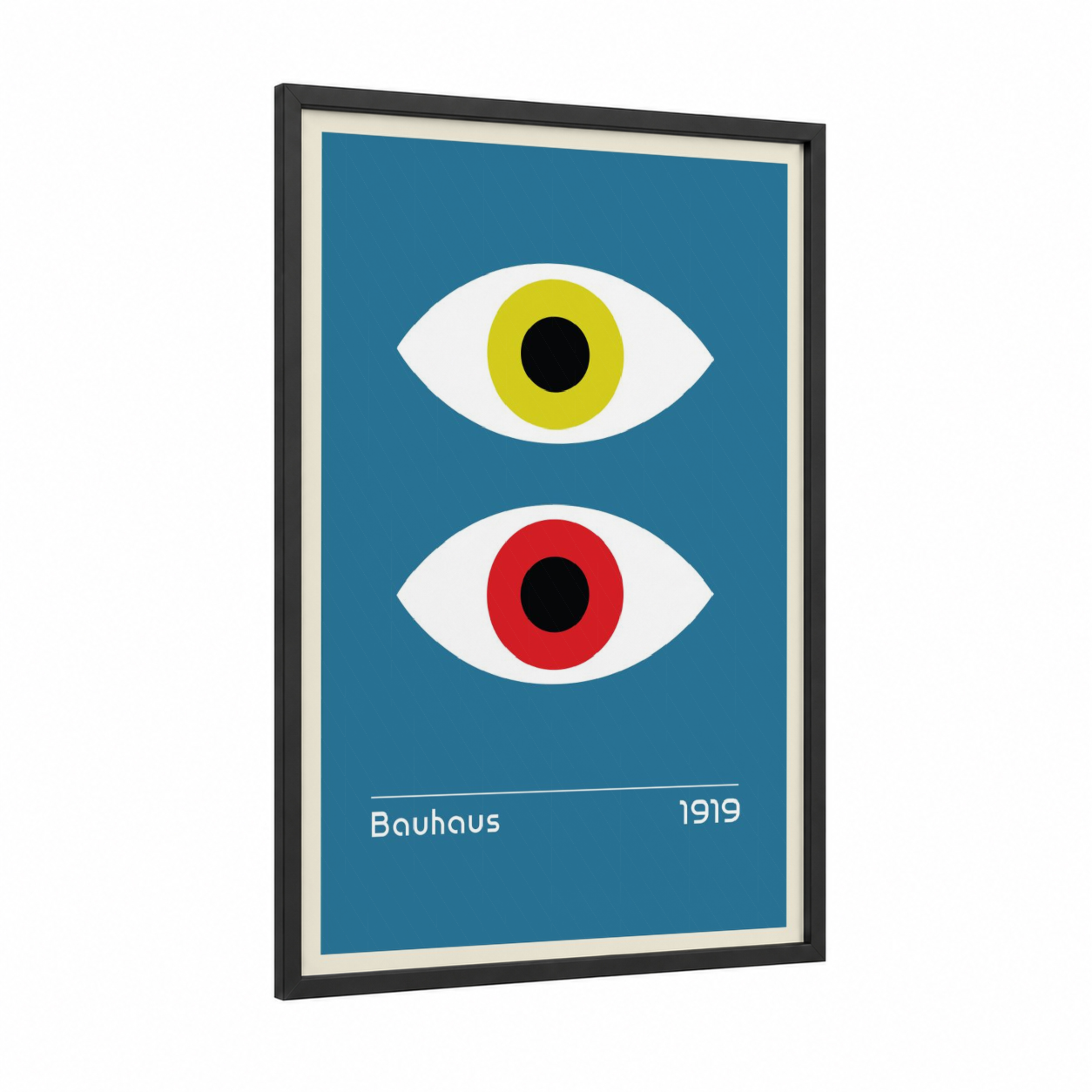 Bauhaus Eyes framed abstract geometric print — black wood frame — teal and white palette