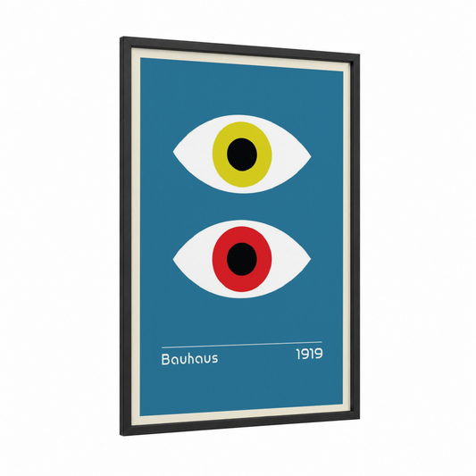 Bauhaus Eyes framed abstract geometric print — black wood frame — teal and white palette