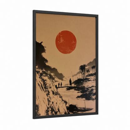 Desert Oasis Sunset framed various landscapes print — black wood frame — russet and gold palette