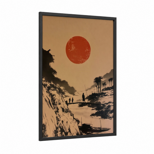 Desert Oasis Sunset framed various landscapes print — black wood frame — russet and gold palette