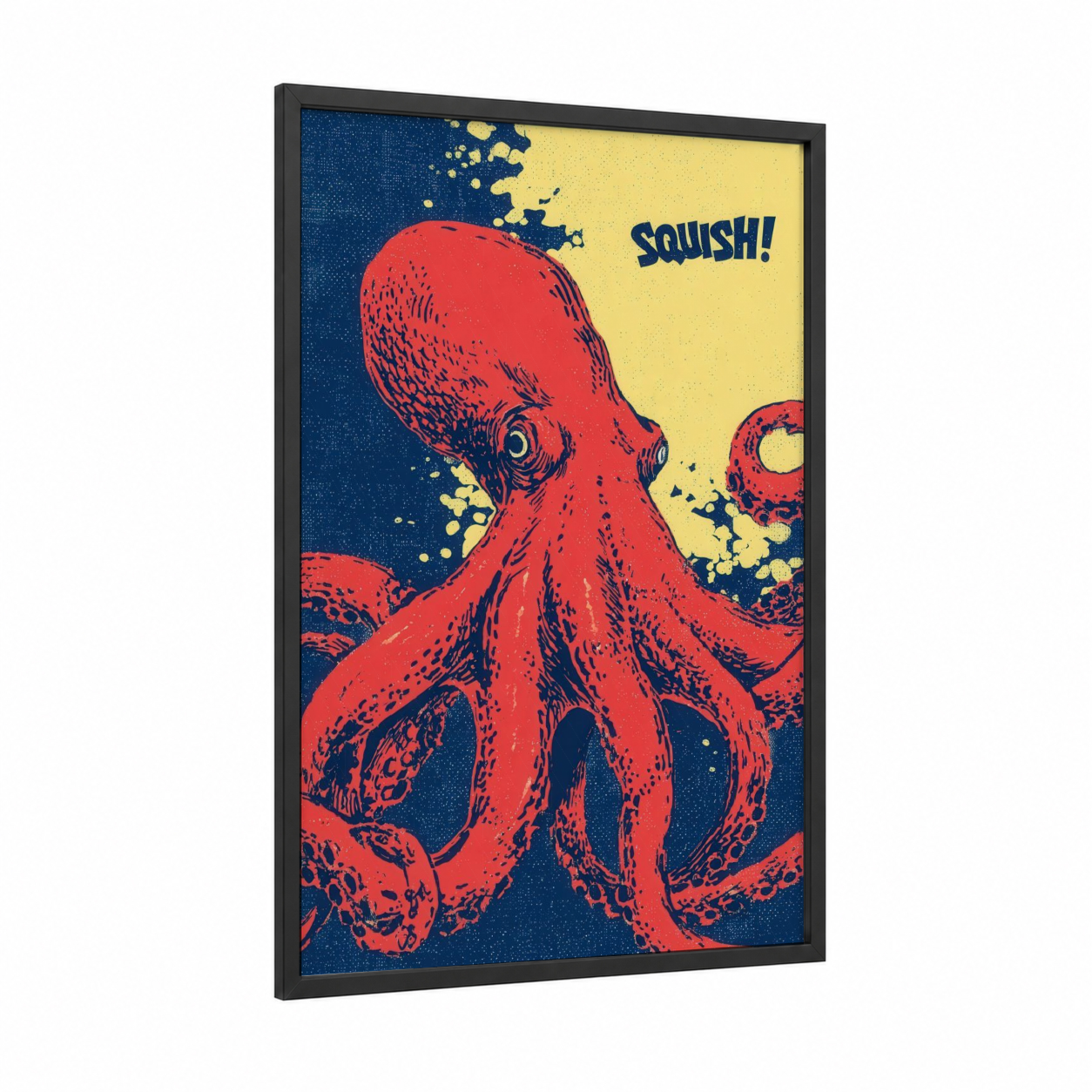 Red Octopus Pop framed art print — black wood frame — red and dark blue palette