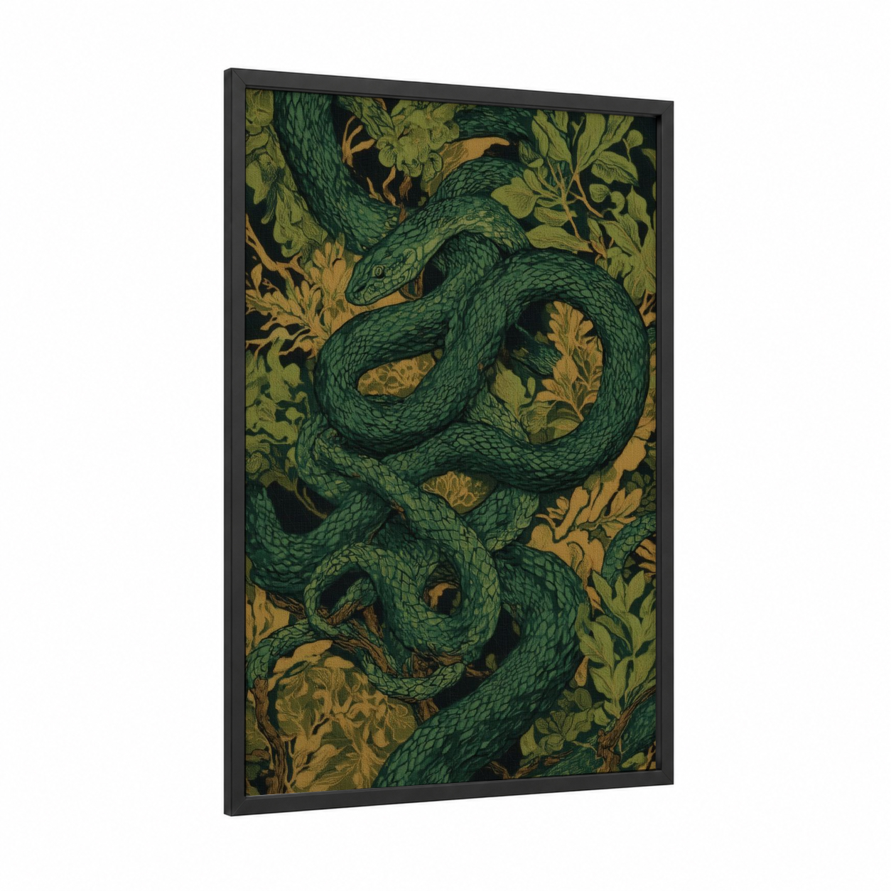 Emerald Viper Coil framed art print — black wood frame — dark green and gold palette