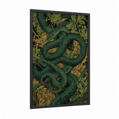 Emerald Viper Coil framed art print — black wood frame — dark green and gold palette