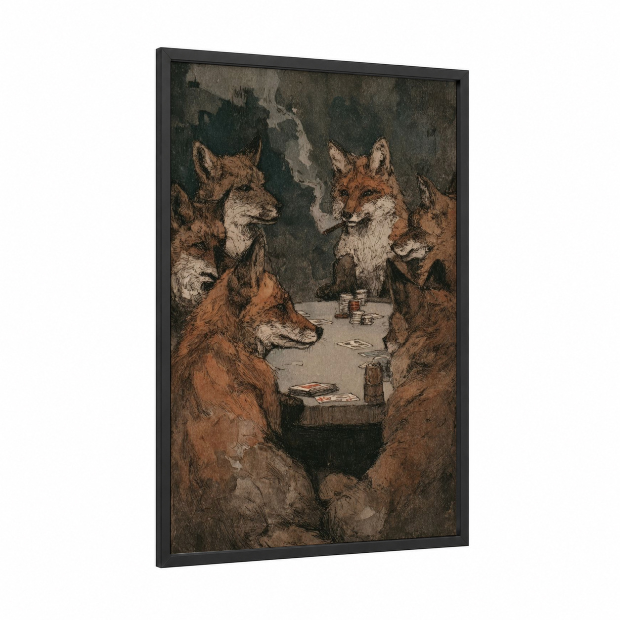 Poker Game Foxes framed art print — black wood frame — brown and gray palette