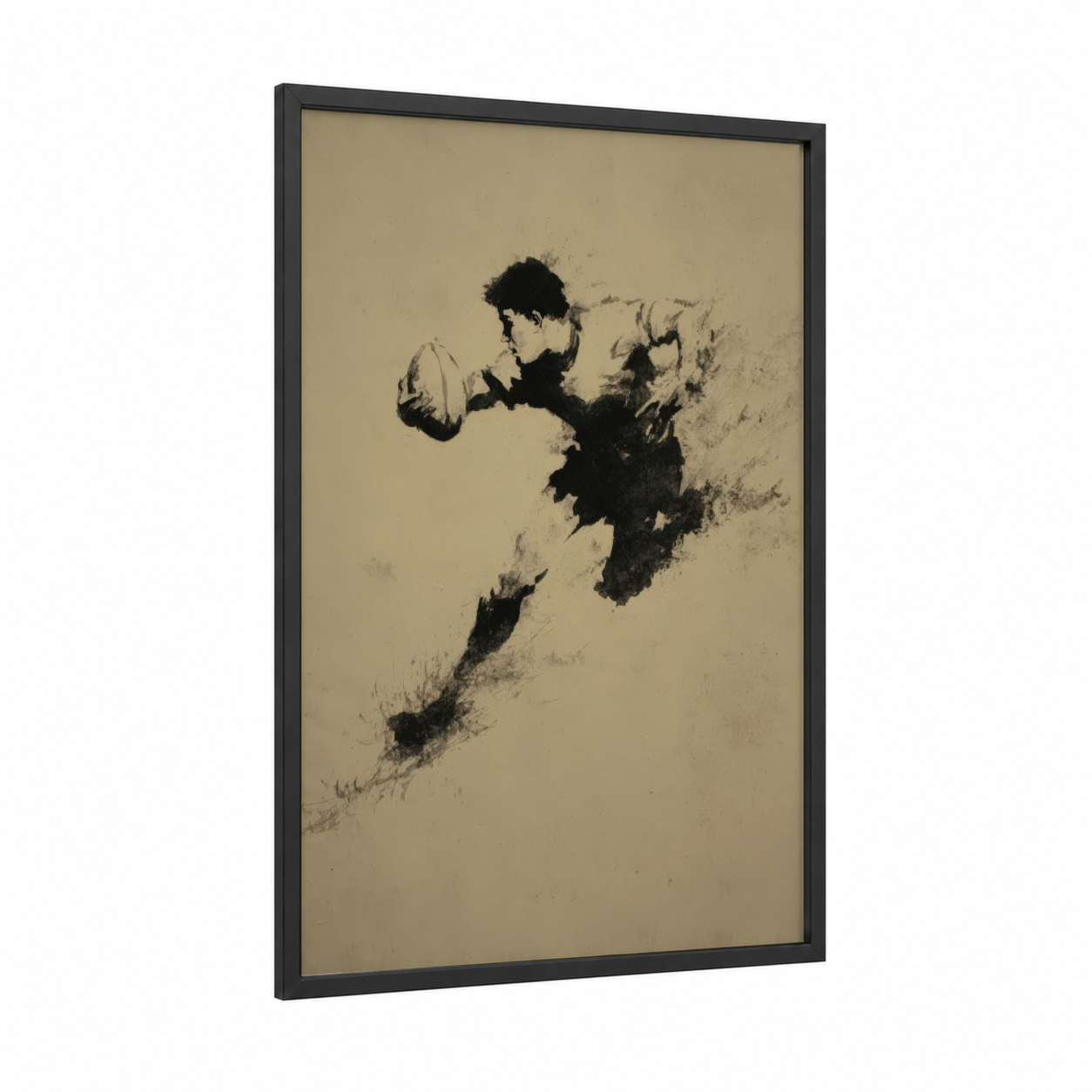 Dynamic Rugby Player framed art print — black wood frame — black and beige palette