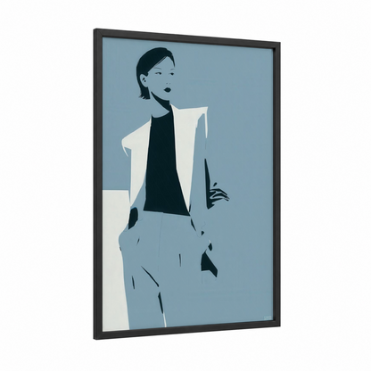 Modern Elegance framed fashion illustration print — black wood frame — blue and white and black palette