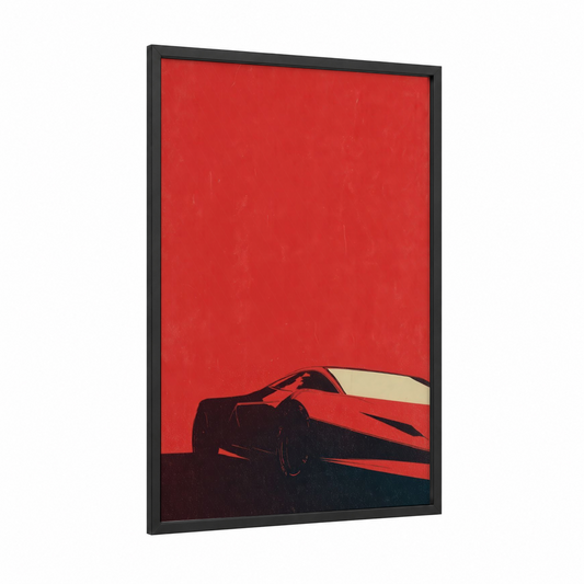 Crimson Speed framed sports car print — black wood frame — red and black and white palette