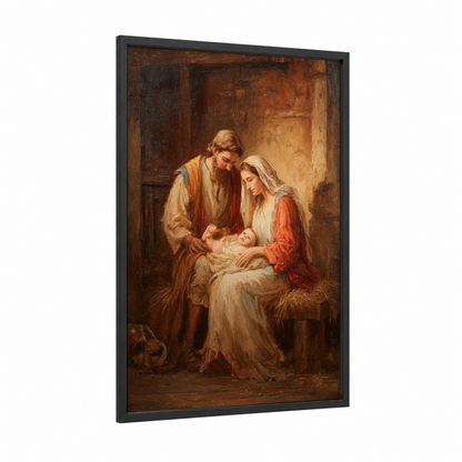 Holy Nativity Scene framed jesus christ print — black wood frame — russet and cream palette