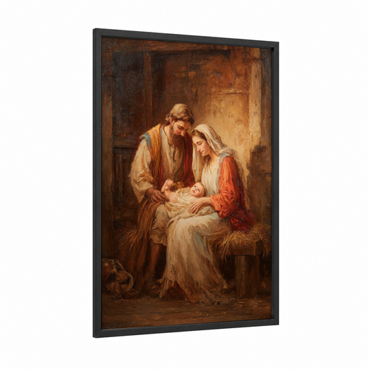 Holy Nativity Scene framed jesus christ print — black wood frame — russet and cream palette