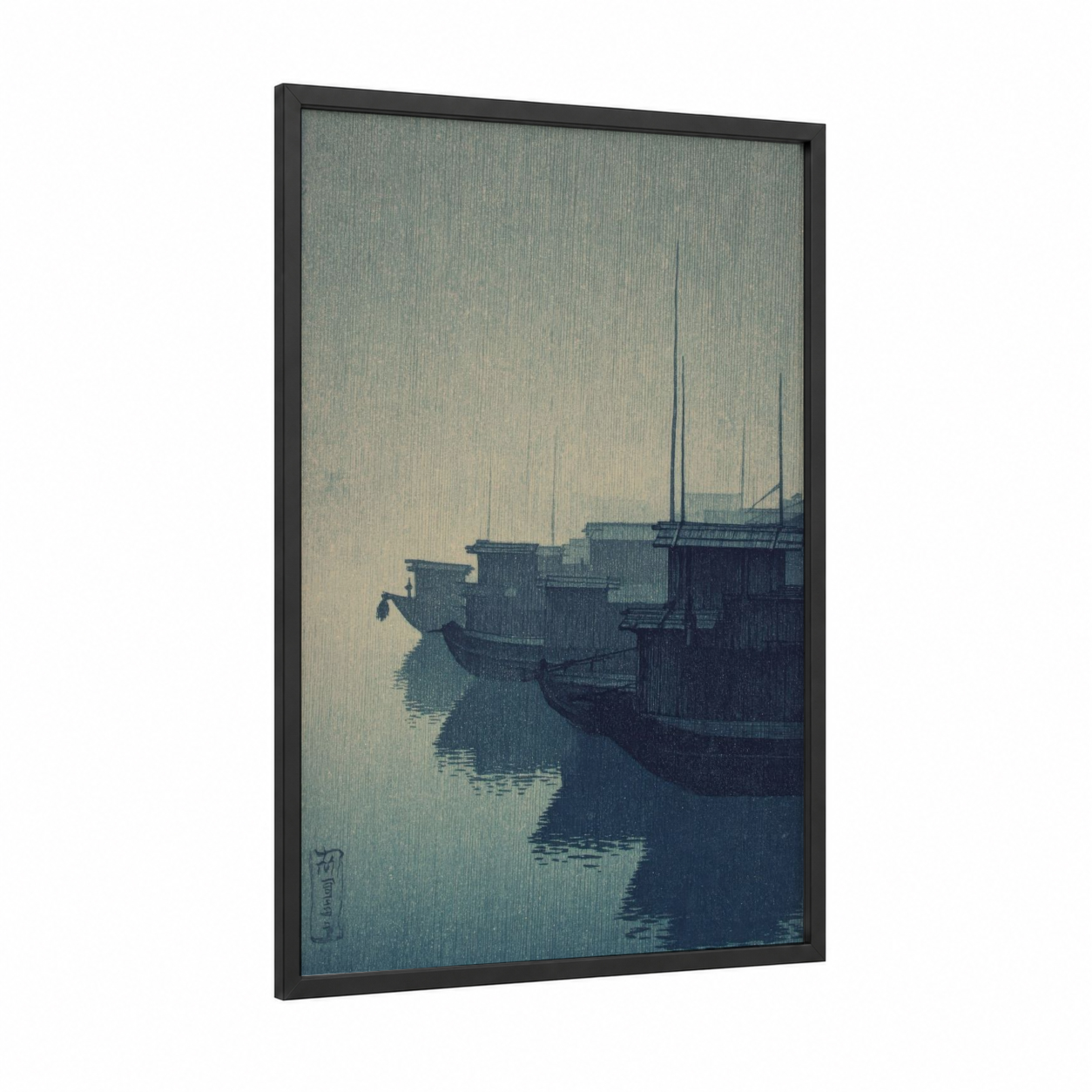 Misty Harbor Vessels framed old ships print — black wood frame — dove gray and dark blue palette