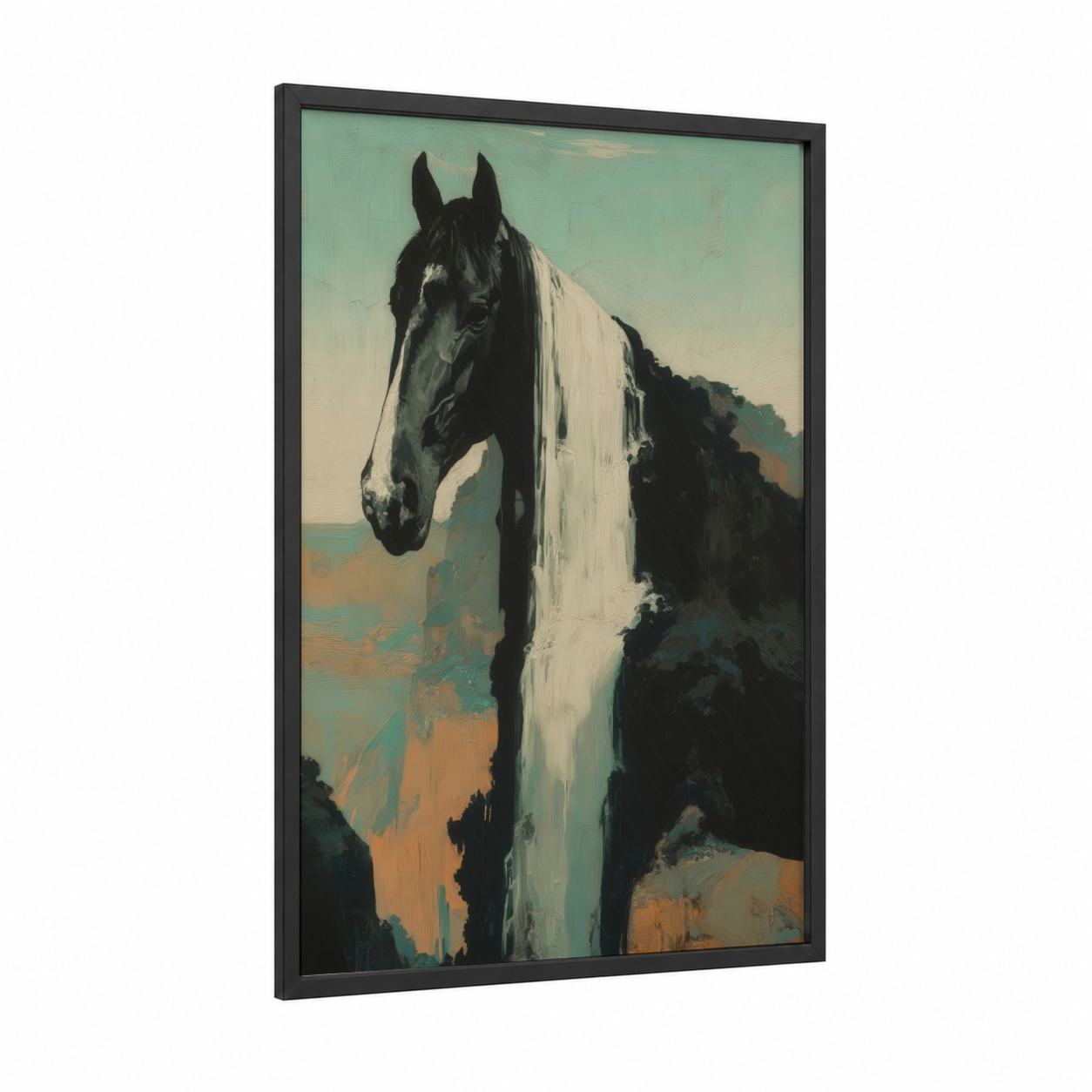 Striking Thoroughbred framed thoroughbred horse print — black wood frame — sage green and cream palette