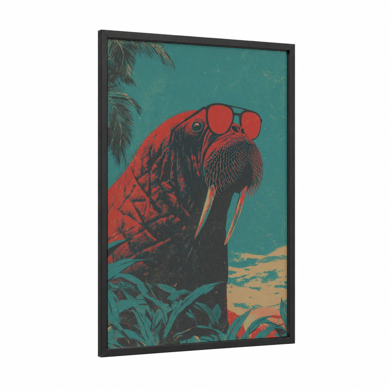 Red Walrus Portrait framed art print — black wood frame — red and teal palette