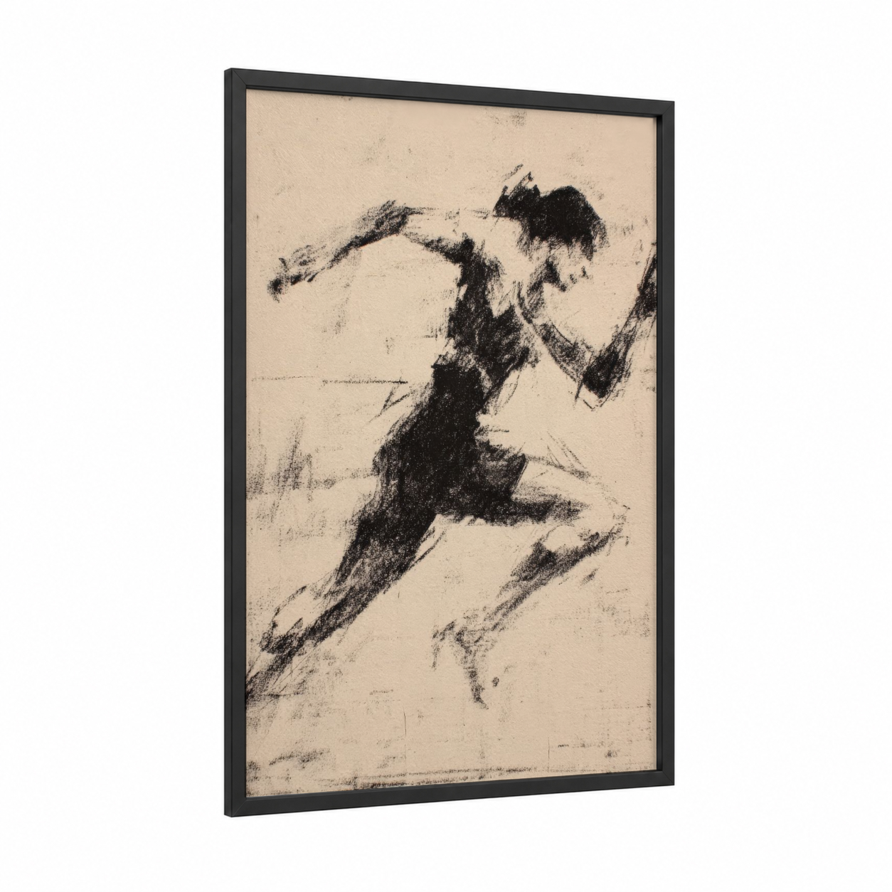 Dynamic Runner framed running print — black wood frame — black and white and beige palette