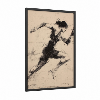 Dynamic Runner framed running print — black wood frame — black and white and beige palette