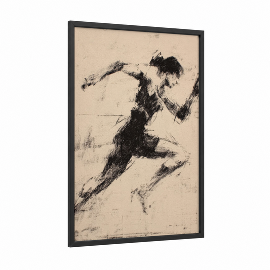 Dynamic Runner framed running print — black wood frame — black and white and beige palette