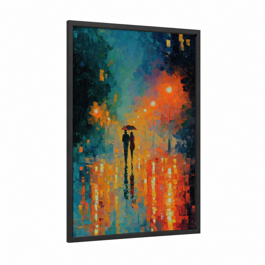 Rainy Evening Couple framed art print — black wood frame — teal and gold palette