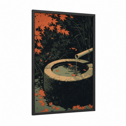 Autumn Water Basin framed fountains print — black wood frame — orange and black palette
