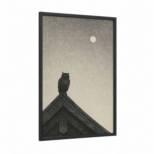 Moonlit Pantheon framed art print — black wood frame — black and white and cream palette