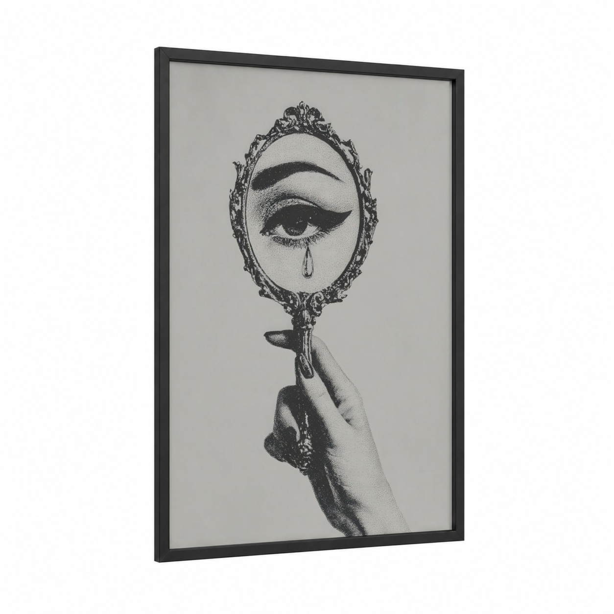 Crying Eye Mirror framed make up print — black wood frame — black and white palette