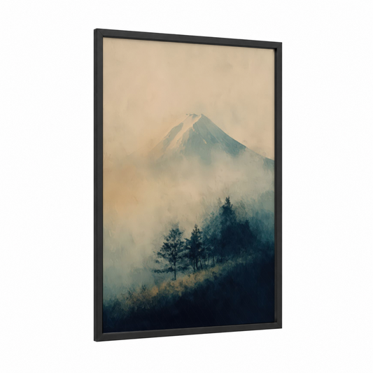 Misty Mount Fuji framed art print — black wood frame — beige and dove gray palette