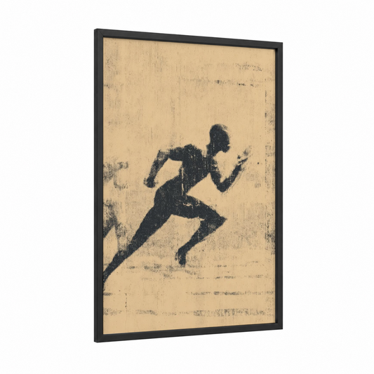 Sprint Runner framed track and field print — black wood frame — black and white and cream palette